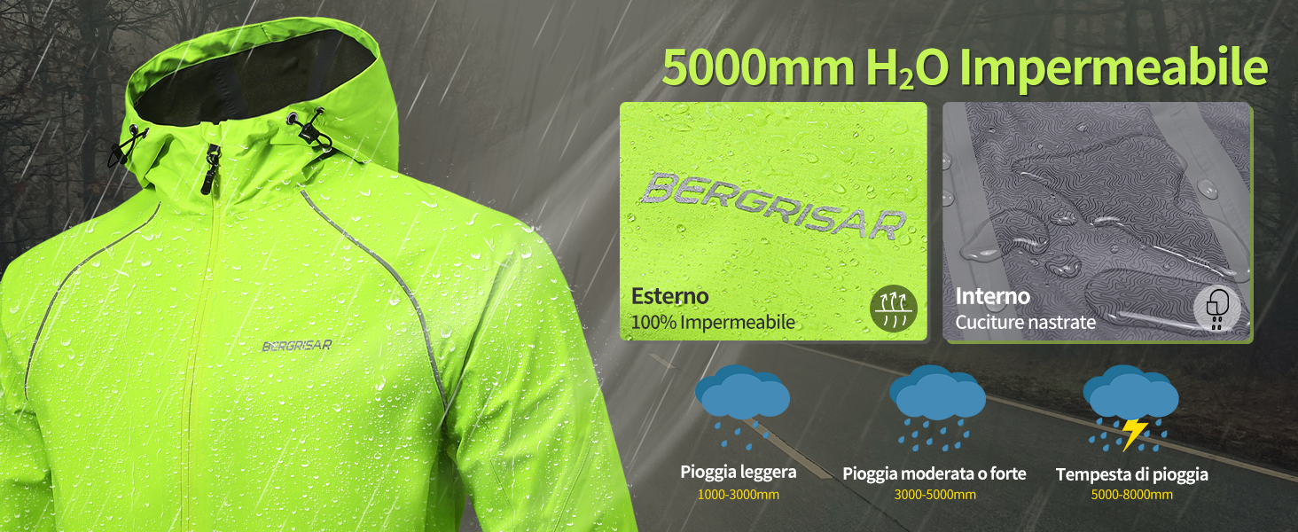 BERGRISAR Giacca Ciclismo e Running Antivento Impermeabile Leggera Uomo con Cappuccio